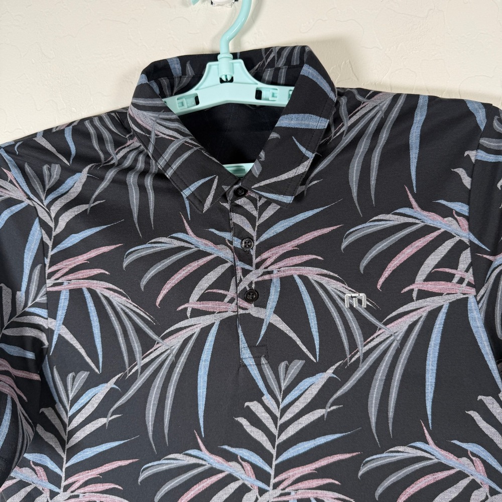 Travis Mathew Polo Shirt Mens Large Black Palm Leaf Pima Cotton Golf Floral‎